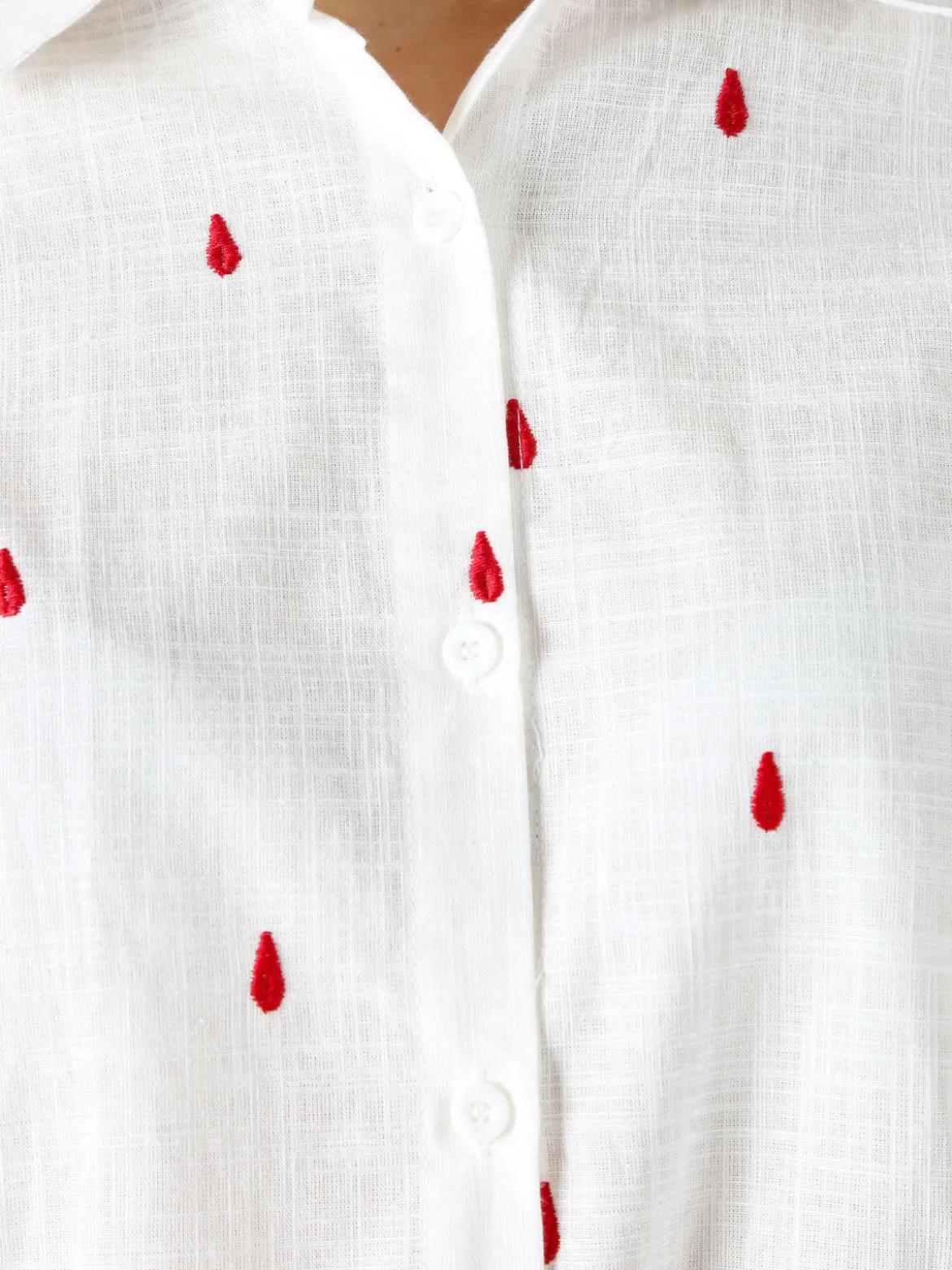 Sweet Miss Camicia donna in misto cotone e lino a maniche lunghe con ricami a goccia - rosso