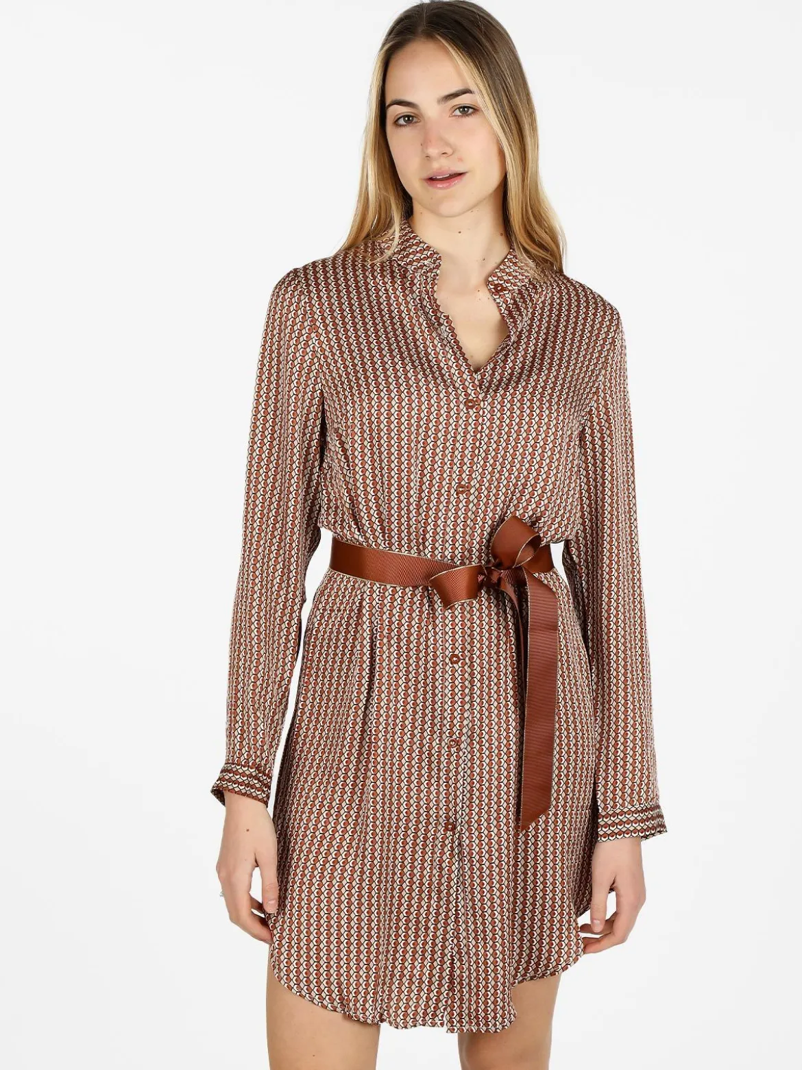 Sweet Miss Maxi camicia donna con cintura e collo alla coreana