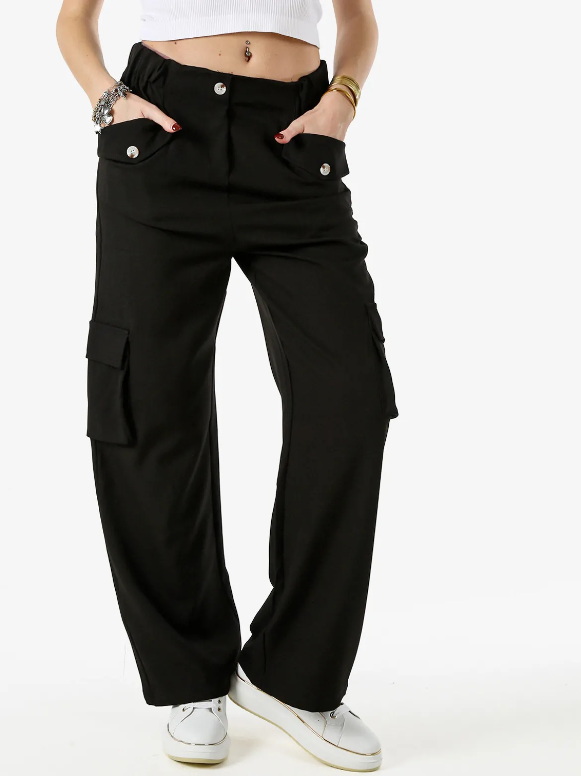 Sweet Miss Pantaloni cargo da donna a gamba larga - nero