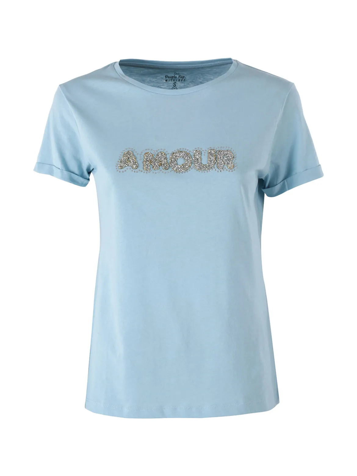 The People Rep T-shirt donna in cotone con scritta di strass e pietre - azzurro