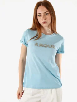 The People Rep T-shirt donna in cotone con scritta di strass e pietre - azzurro