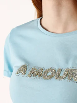 The People Rep T-shirt donna in cotone con scritta di strass e pietre - azzurro