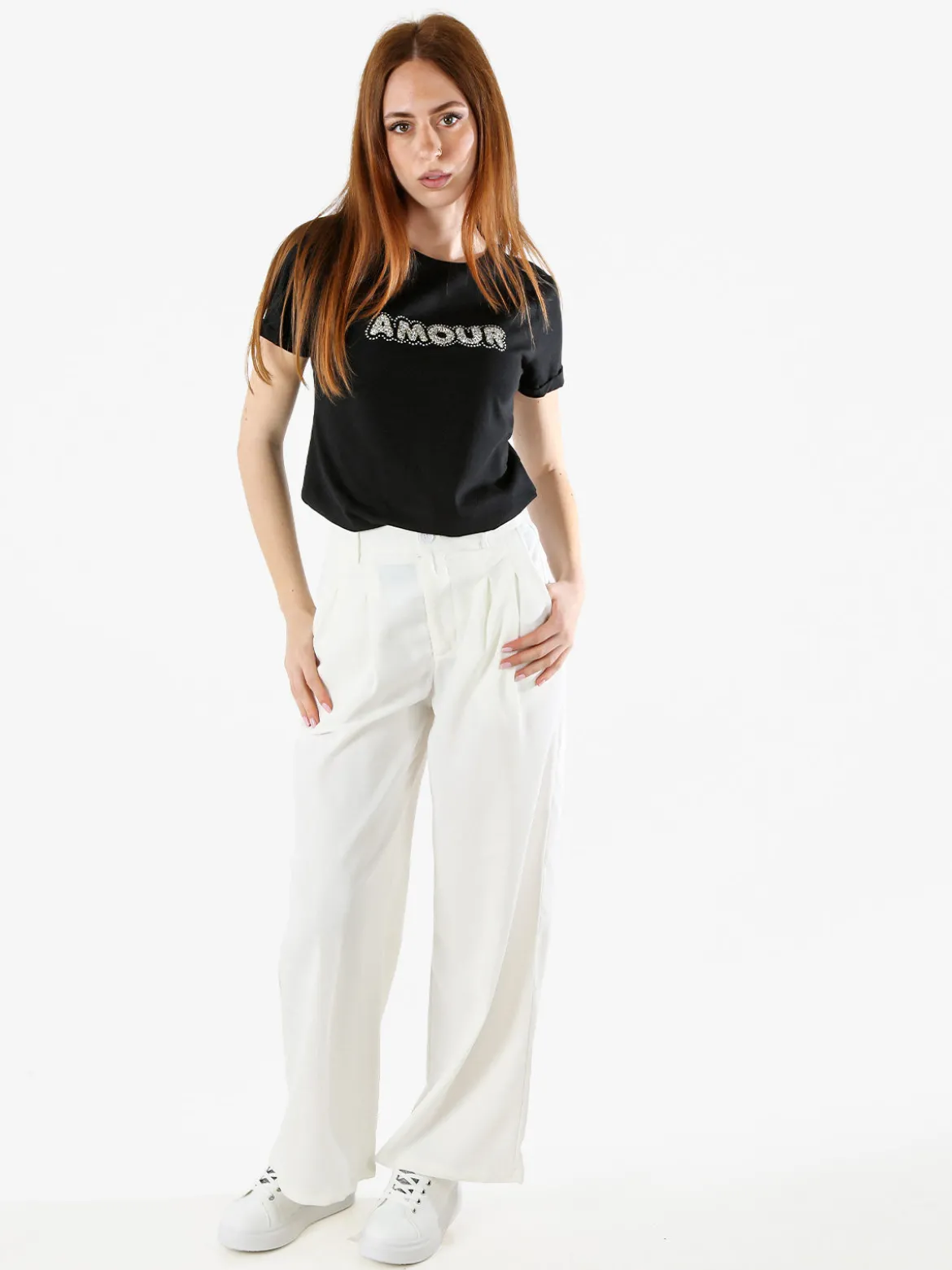 The People Rep T-shirt donna in cotone con scritta di strass e pietre - nero