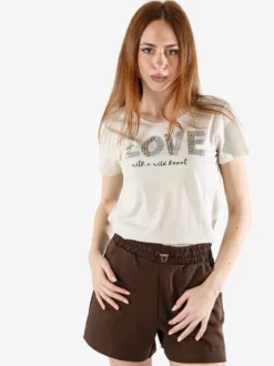 The People Rep T-shirt donna in cotone con stampa animalier e micro borchie - sabbia
