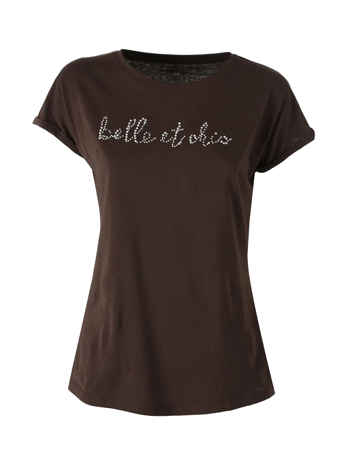 The People Rep T-shirt girocollo da donna in cotone con perline - moro