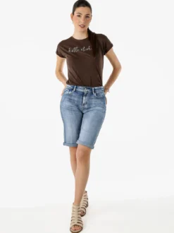 The People Rep T-shirt girocollo da donna in cotone con perline - moro