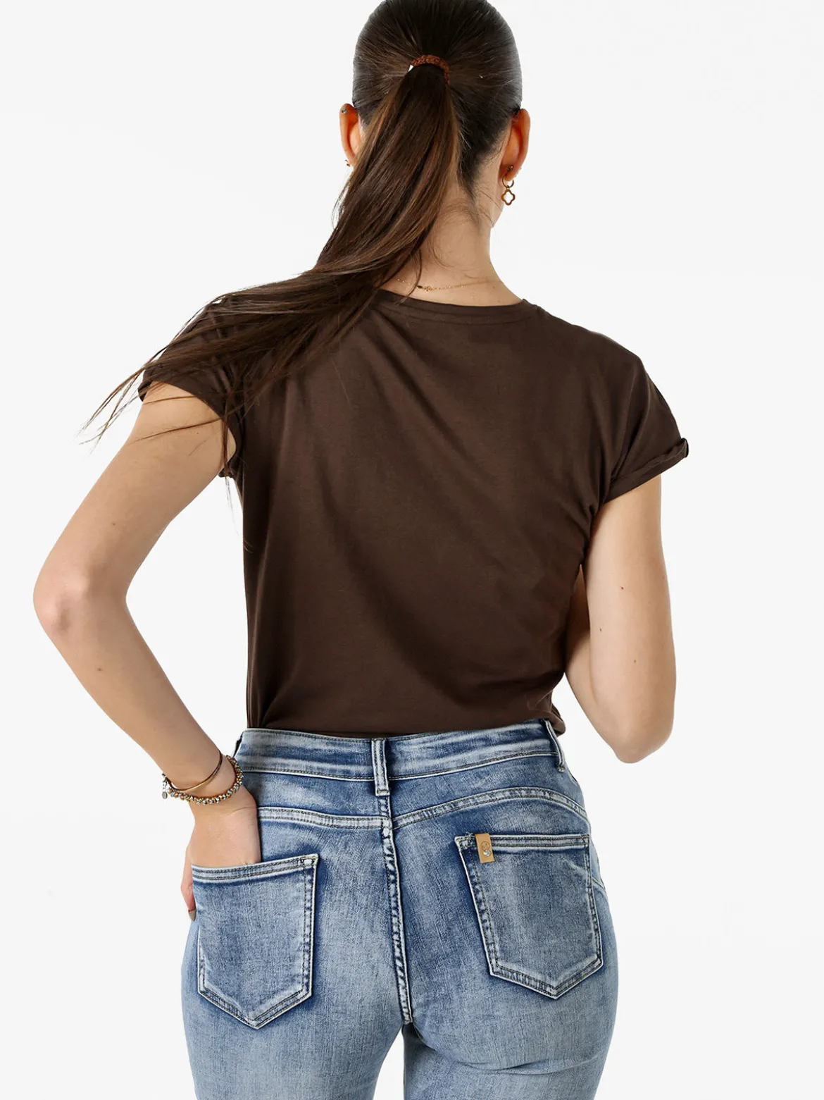 The People Rep T-shirt girocollo da donna in cotone con perline - moro