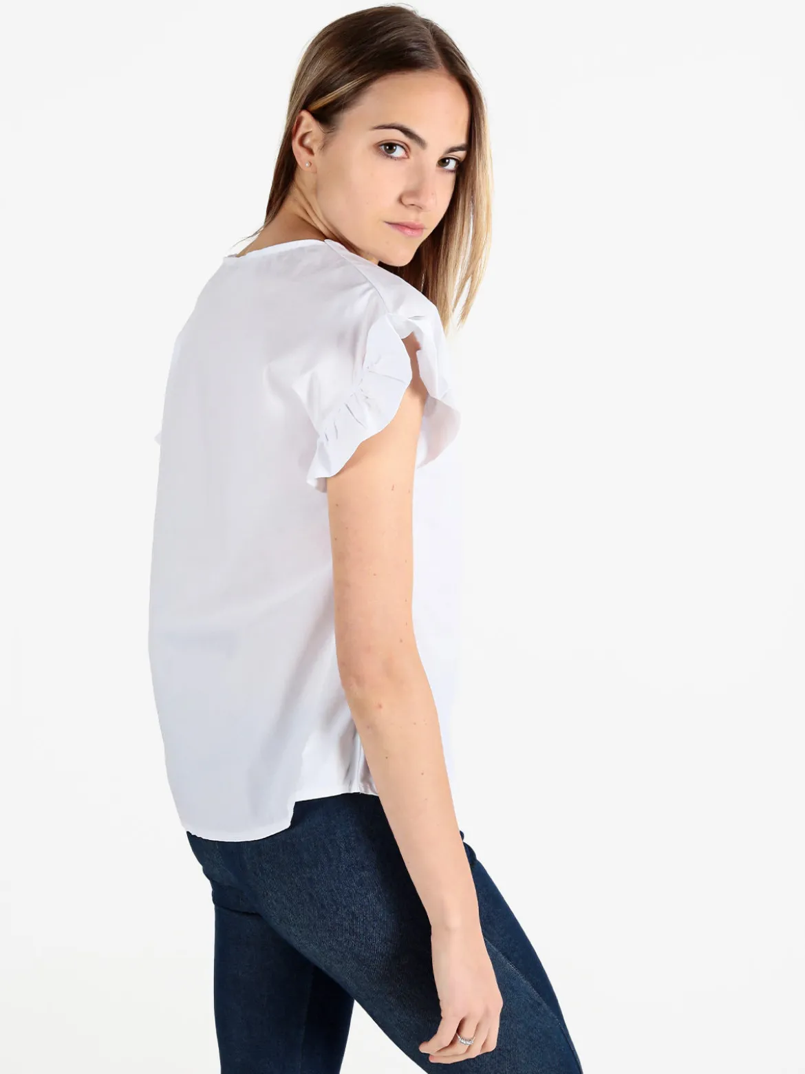 Unique Blusa donna in cotone con maniche corte a volant