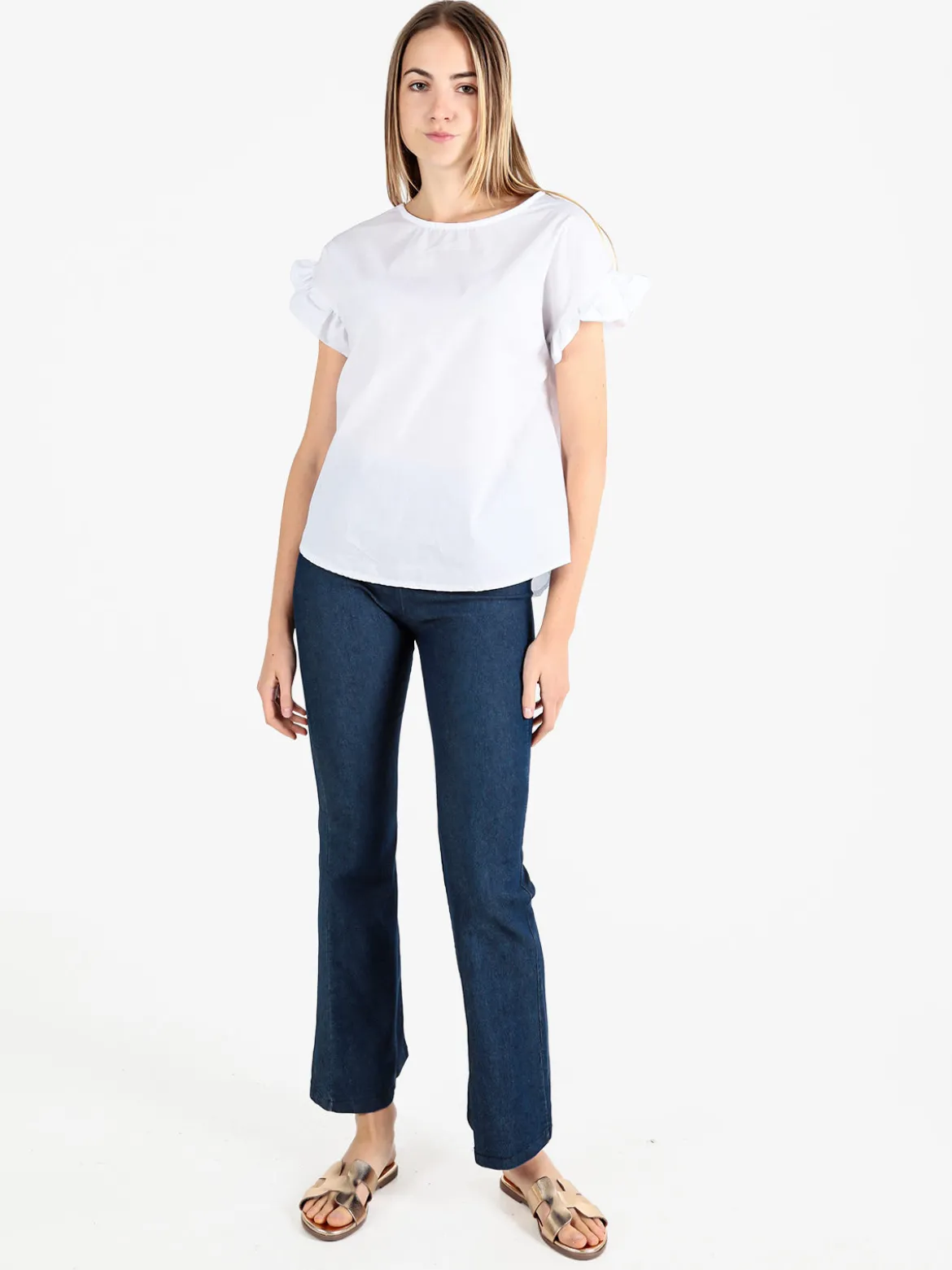 Unique Blusa donna in cotone con maniche corte a volant