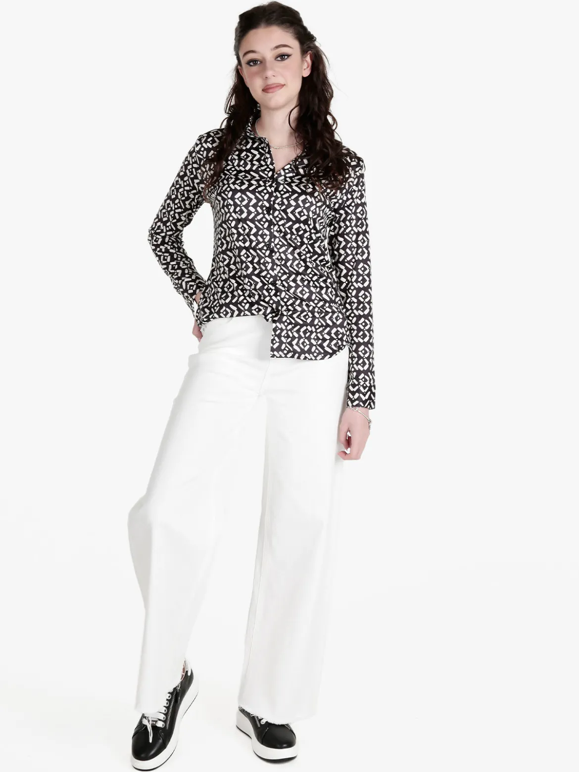 Vale Denim Jeans donna bianco wide leg con finale sfrangiato