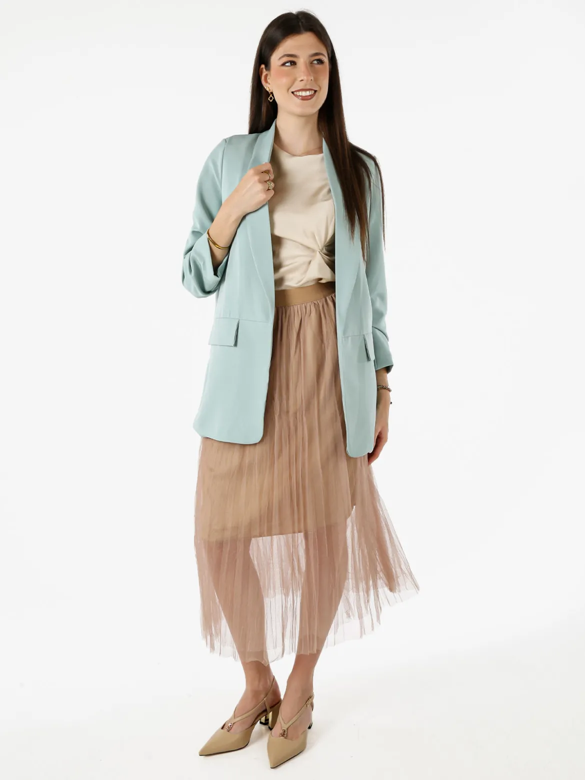 Vanita Blazer donna aperto con maniche arricciate - acqua marina