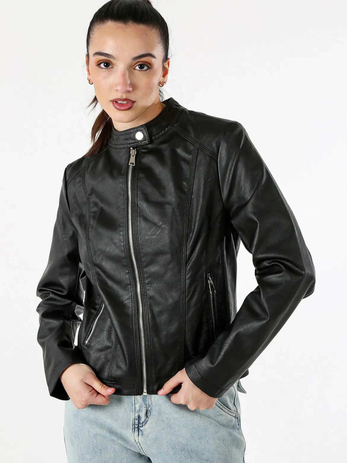 W Collection Giacca donna in ecopelle con zip - nero