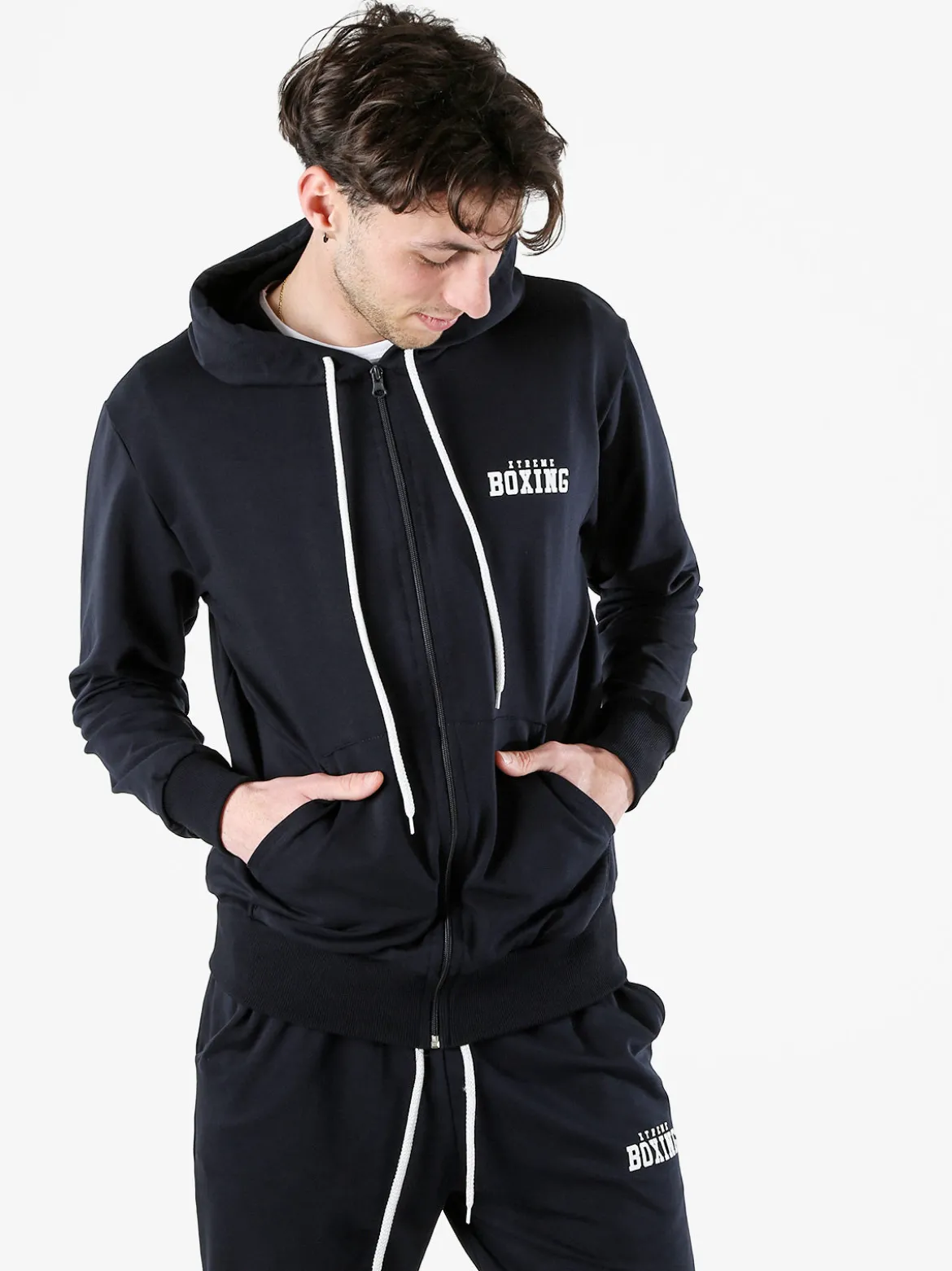 Xtreme Boxing Felpa da uomo in cotone con cappuccio e zip - blu scuro