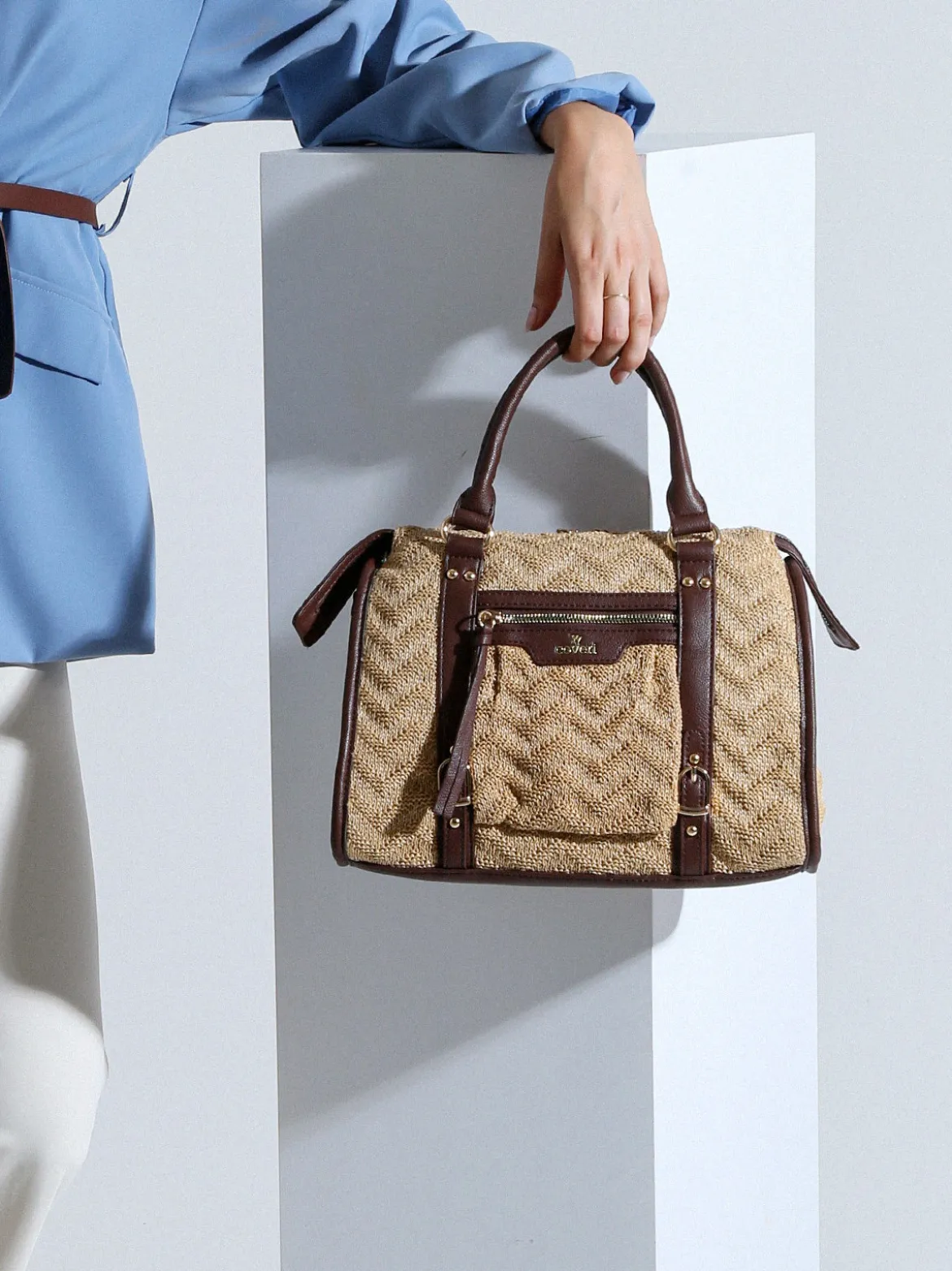 You Young Coveri Borsa mini da donna in maglia intrecciata con doppi manici e dettagli in ecopelle - khaki