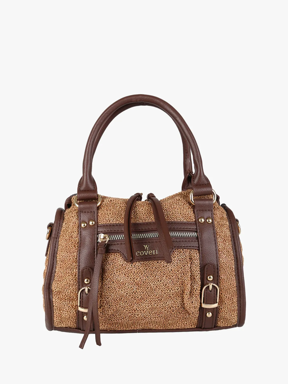 You Young Coveri Borsa mini da donna in maglia intrecciata con doppi manici e dettagli in ecopelle - marrone